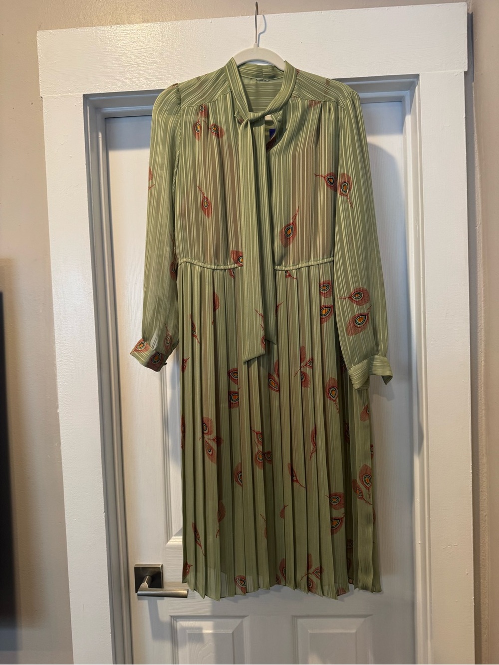 Vintage Sage Green Pleated Midi Dress with Tie Neck and Peony Motif